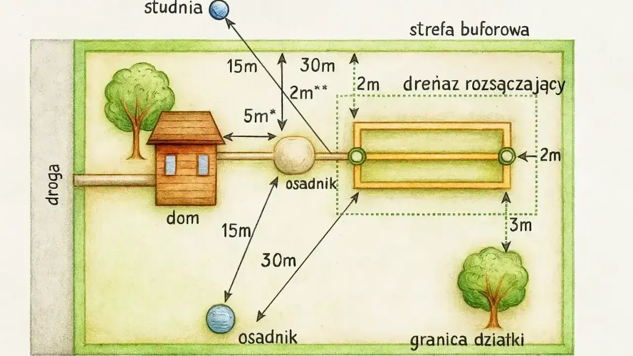 Schemat pokazuje rozmieszczenie elementów **oczyszczalni ścieków** na działce: dom, osadnik, drenaż rozsączający, studnia i drzewa.