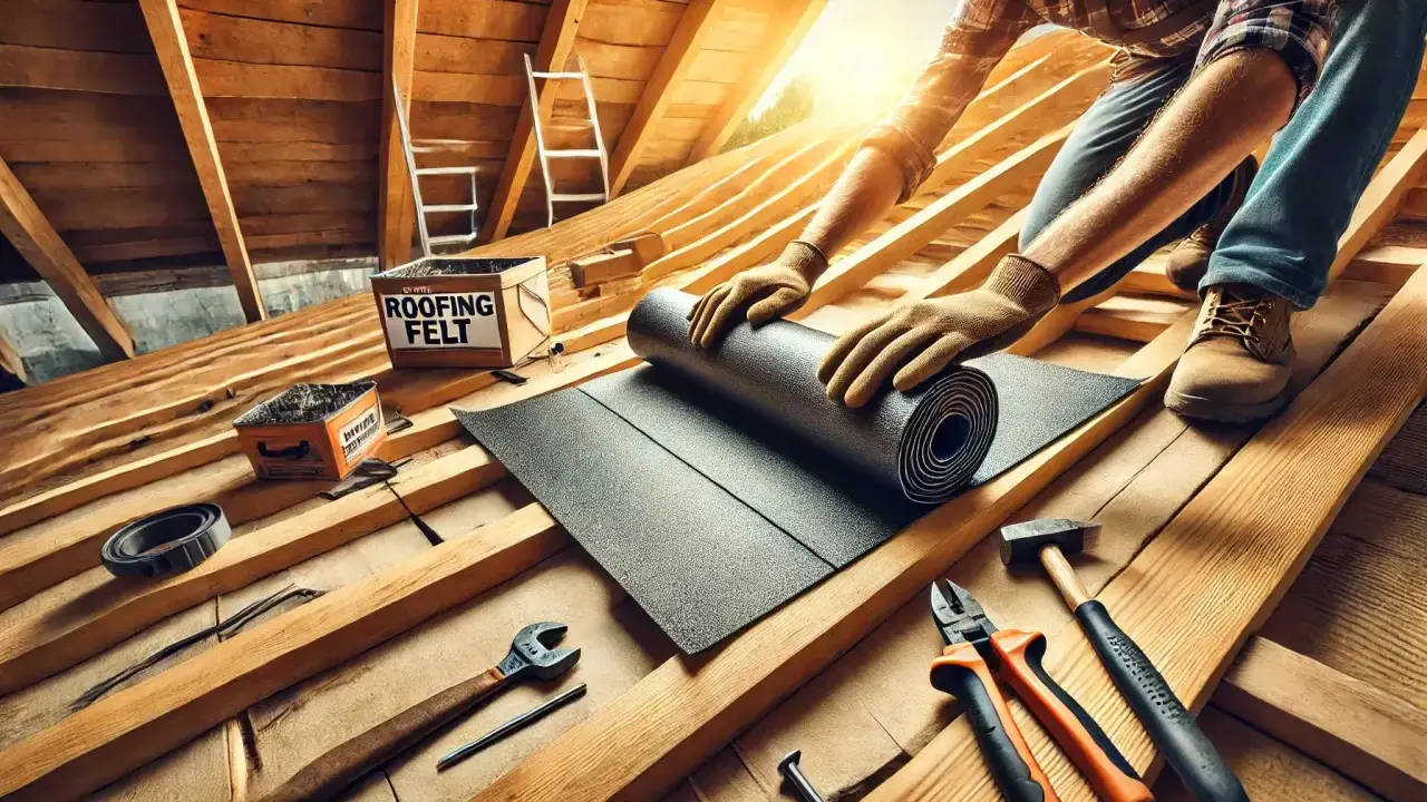 Ręce w rękawiczkach rozwijają papę na dach z desek. W tle skrzynka z napisem "ROOFING FELT" i narzędzia.