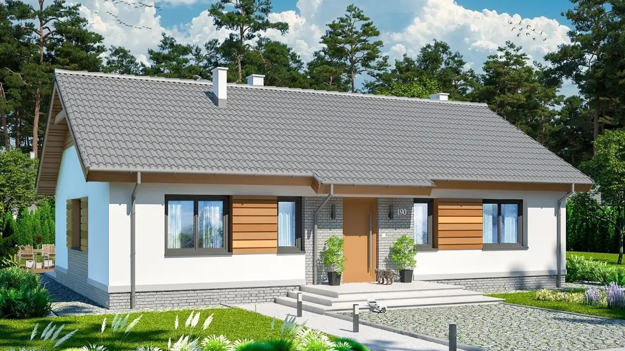 Nowy, tani dom 120m2 z nowoczesną elewacją i dużymi oknami, otoczony zielenią. Idealne miejsce dla rodziny.