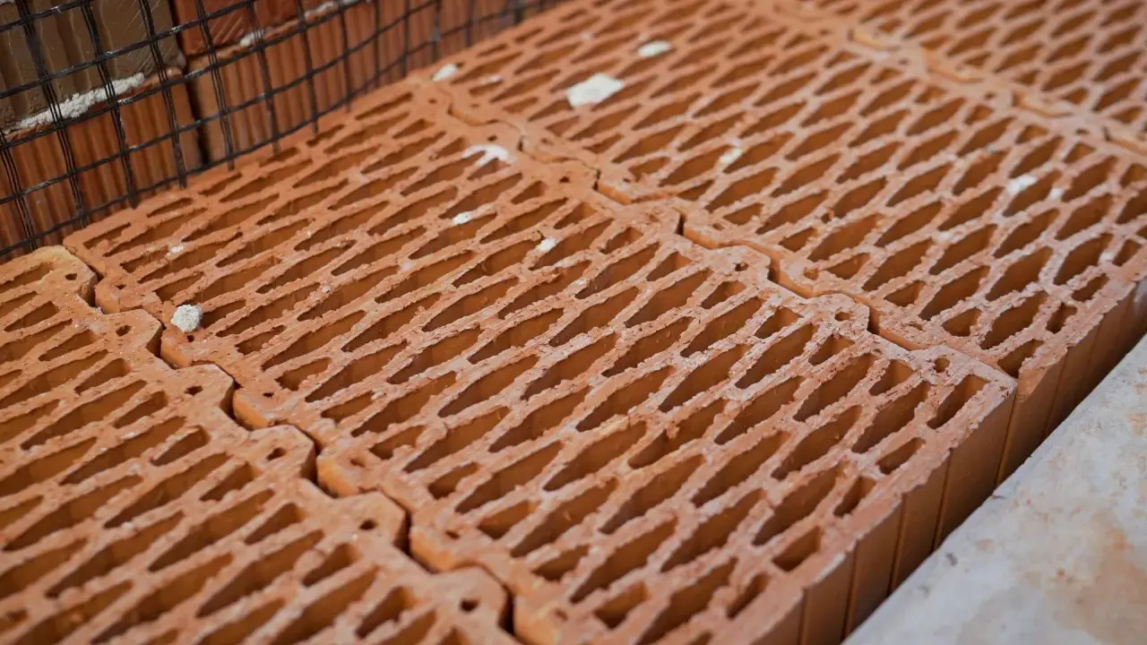Czerwone pustaki ceramiczne ułożone obok siebie, z siatką zbrojeniową w tle. Zastanawiasz się, ile pustaków na m2 potrzeba do budowy?