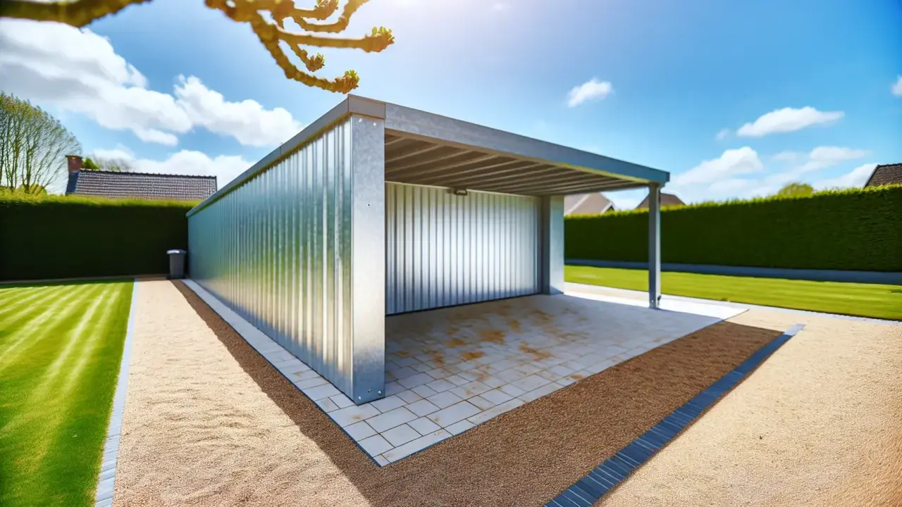 Nowoczesny, blaszany garaż o powierzchni 100m2, otoczony zadbanym ogrodem i żywopłotem. Idealny projekt na działkę.