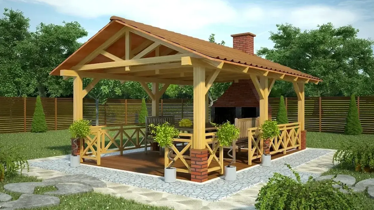 Projekt altany z grillem i wędzarnią. Drewniana konstrukcja z dachem, ceglanym kominem i miejscem do biesiadowania.