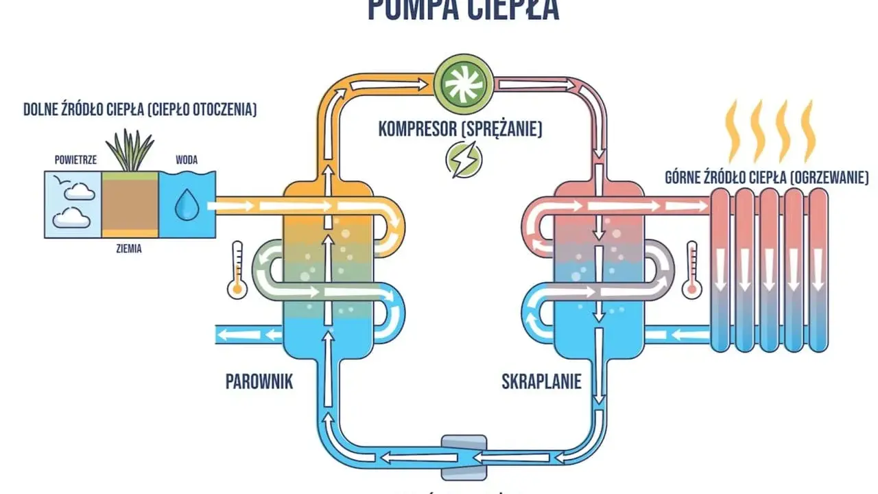 Schemat pompy ciepła: jak działa ogrzewanie domu 100m2. Pokazuje pobieranie ciepła z powietrza, wody lub ziemi, sprężanie go i oddawanie do grzejników.