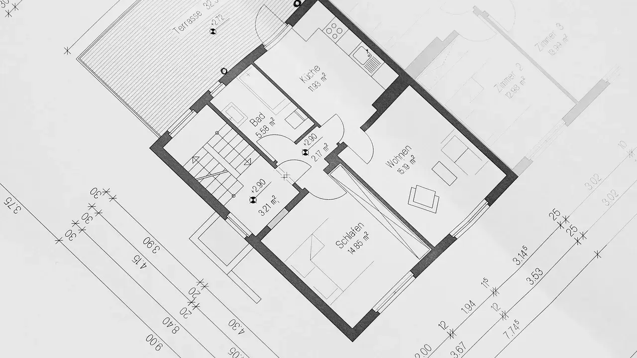 Projekt budynek gospodarczy 35m2: rzut parteru z kuchnią, łazienką, sypialnią, salonem i tarasem. Wymiary pomieszczeń i odległości.