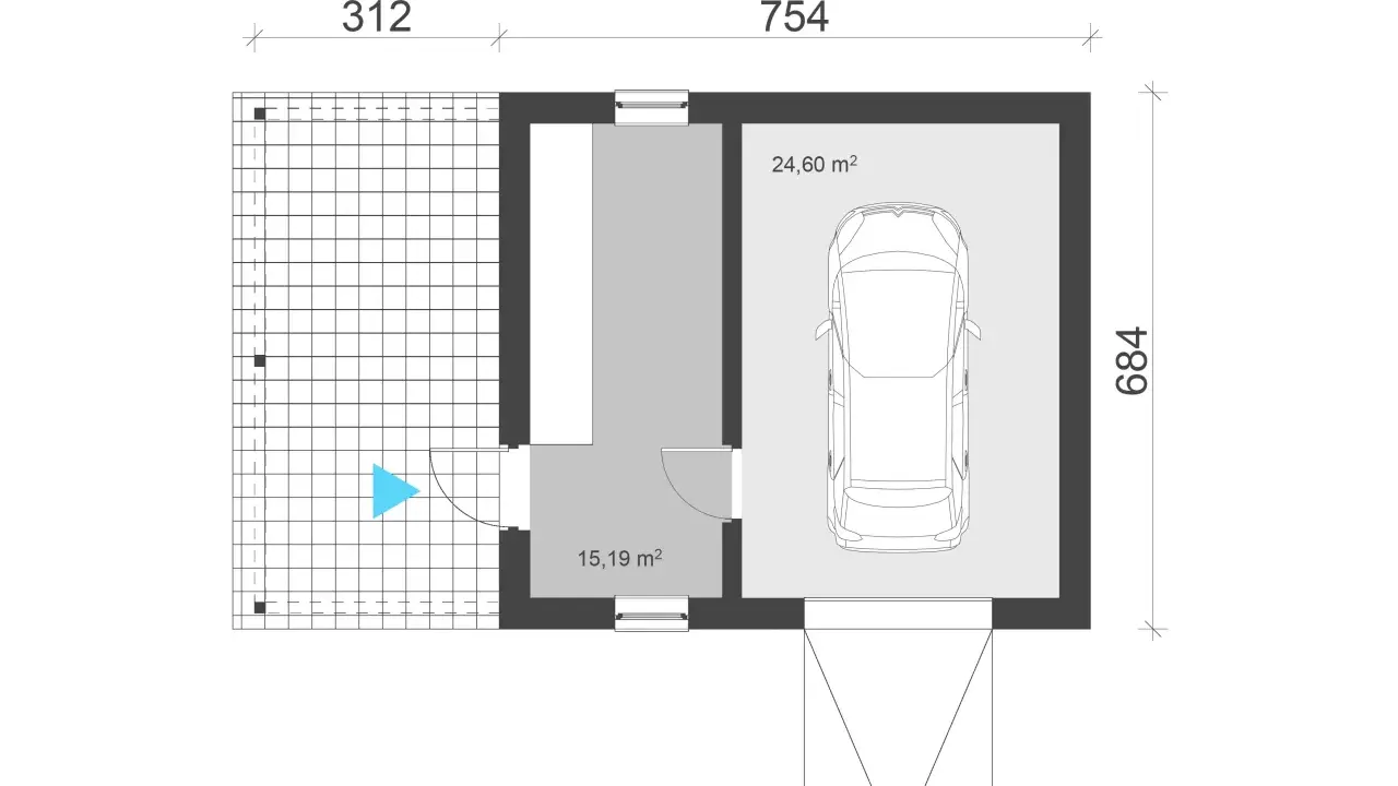 Projekt budynku usługowego: garaż 24,60 m² z miejscem na samochód, pomieszczenie 15,19 m², taras.