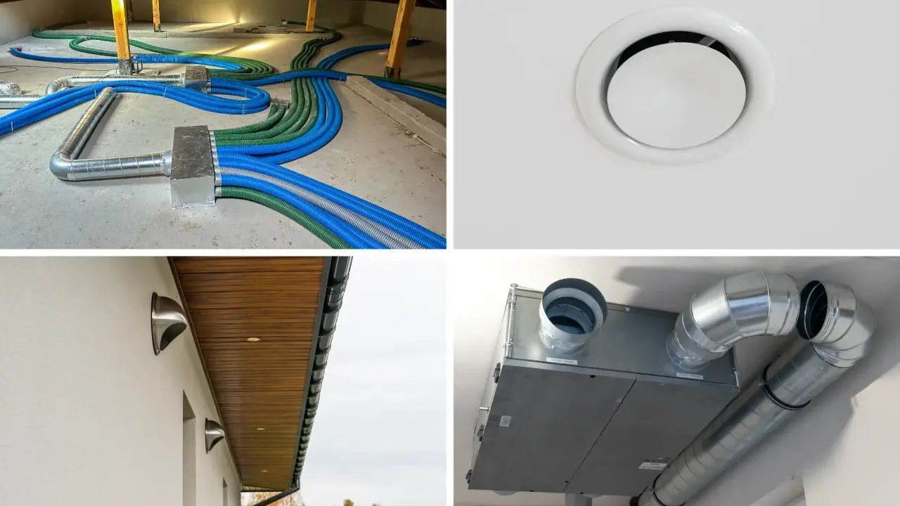 Instalacja wentylacji mechanicznej: przewody w poddaszu, kratka nawiewna, czerpnie ścienne i rekuperator.