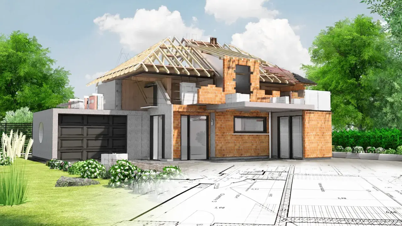 Przed zakupem działki sprawdź jej potencjał budowlany. Wizualizacja domu w przekroju na tle planów architektonicznych.