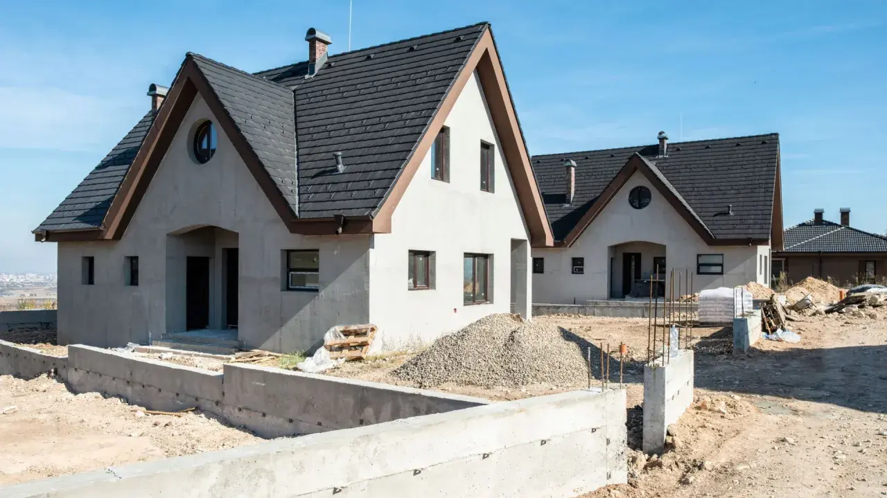 Nowe domy z betonu w budowie, z ciemnymi dachami i jasnymi ścianami, na tle błękitnego nieba.
