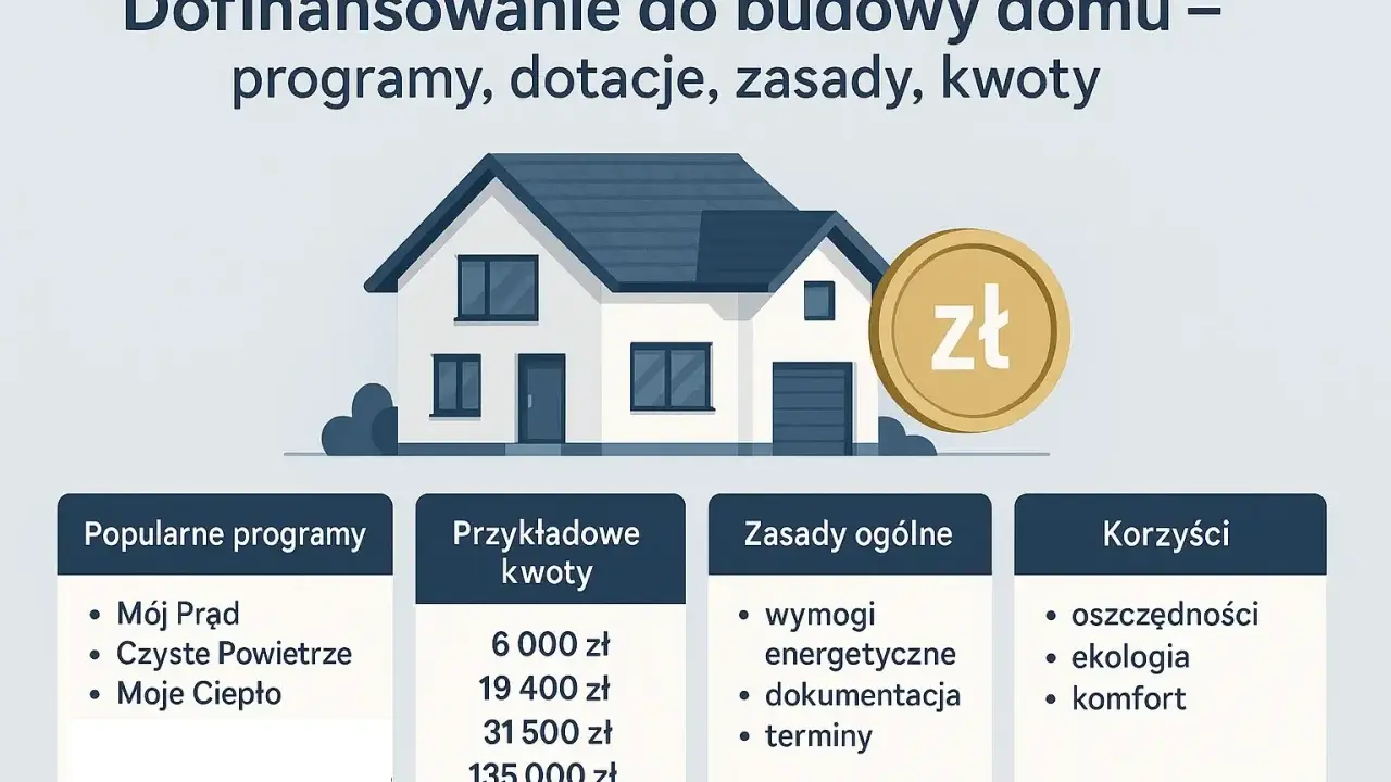 Dofinansowanie do budowy domu: programy, dotacje, zasady i kwoty. Ilustracja domu z monetą zł. Popularne programy, przykładowe kwoty, zasady i korzyści.