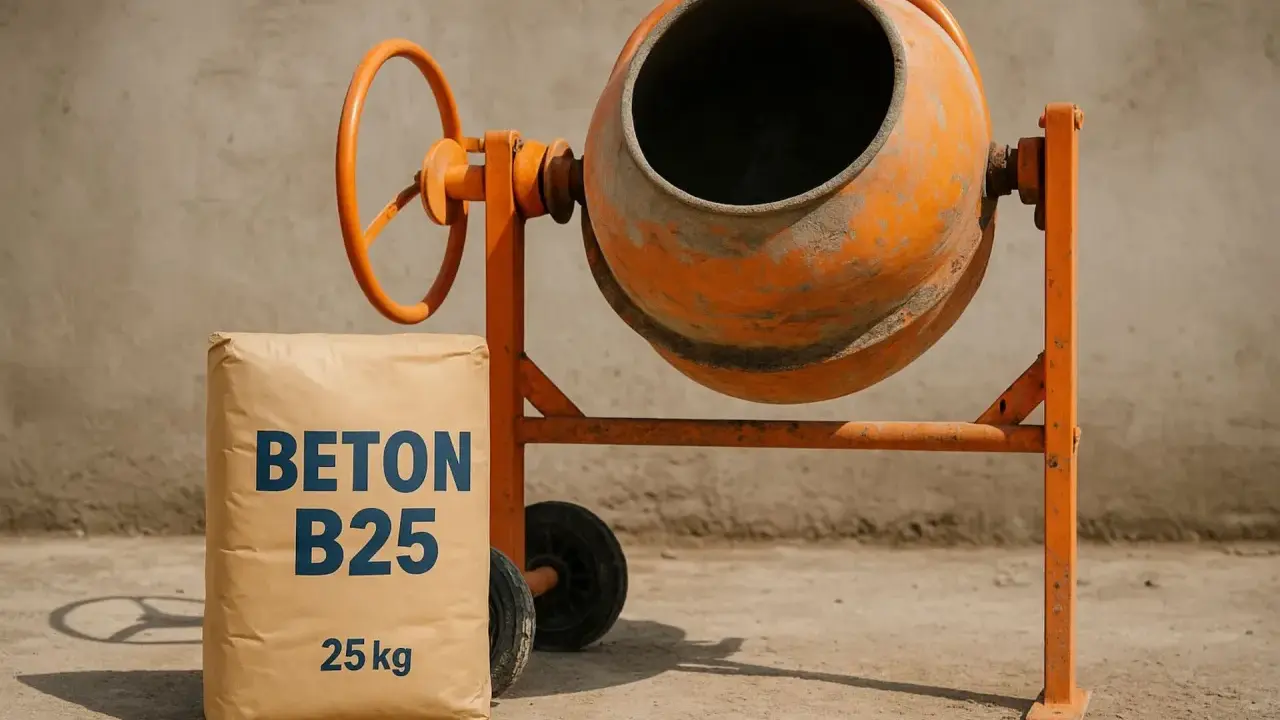 Worek z napisem "BETON B25" i betoniarka. Idealny zestaw, by dowiedzieć się, jak zrobić beton B25.