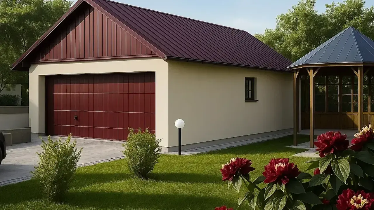Nowoczesny garaż z częścią mieszkalną, projekt z czerwoną bramą i altaną w ogrodzie.
