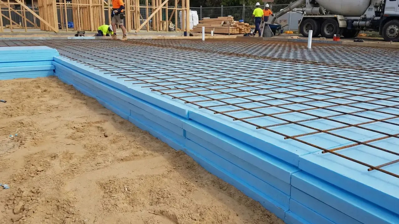 Styrodur pod płytę fundamentową ułożony na piasku, z siatką zbrojeniową gotową do zalania betonem.