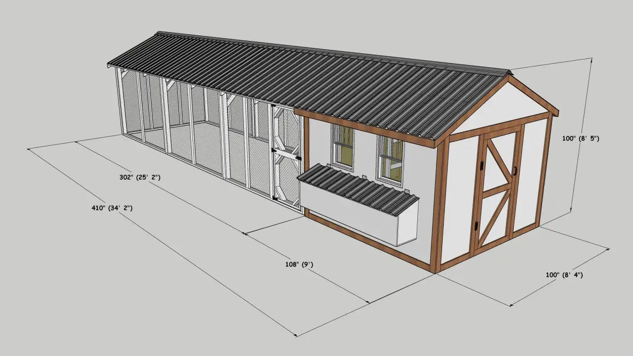 Projekt kurnika na 30 kur: przestronny wybieg z siatki i zadaszony domek z oknami i drzwiami. Wymiary: 25' x 8'4" x 8'5".