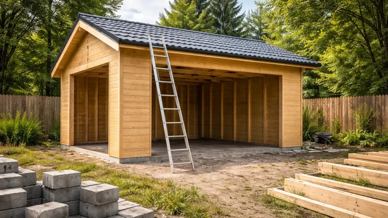 Darmowy projekt garażu drewnianego w budowie. Metalowa drabina oparta o konstrukcję, stosy betonu i drewna w pobliżu.