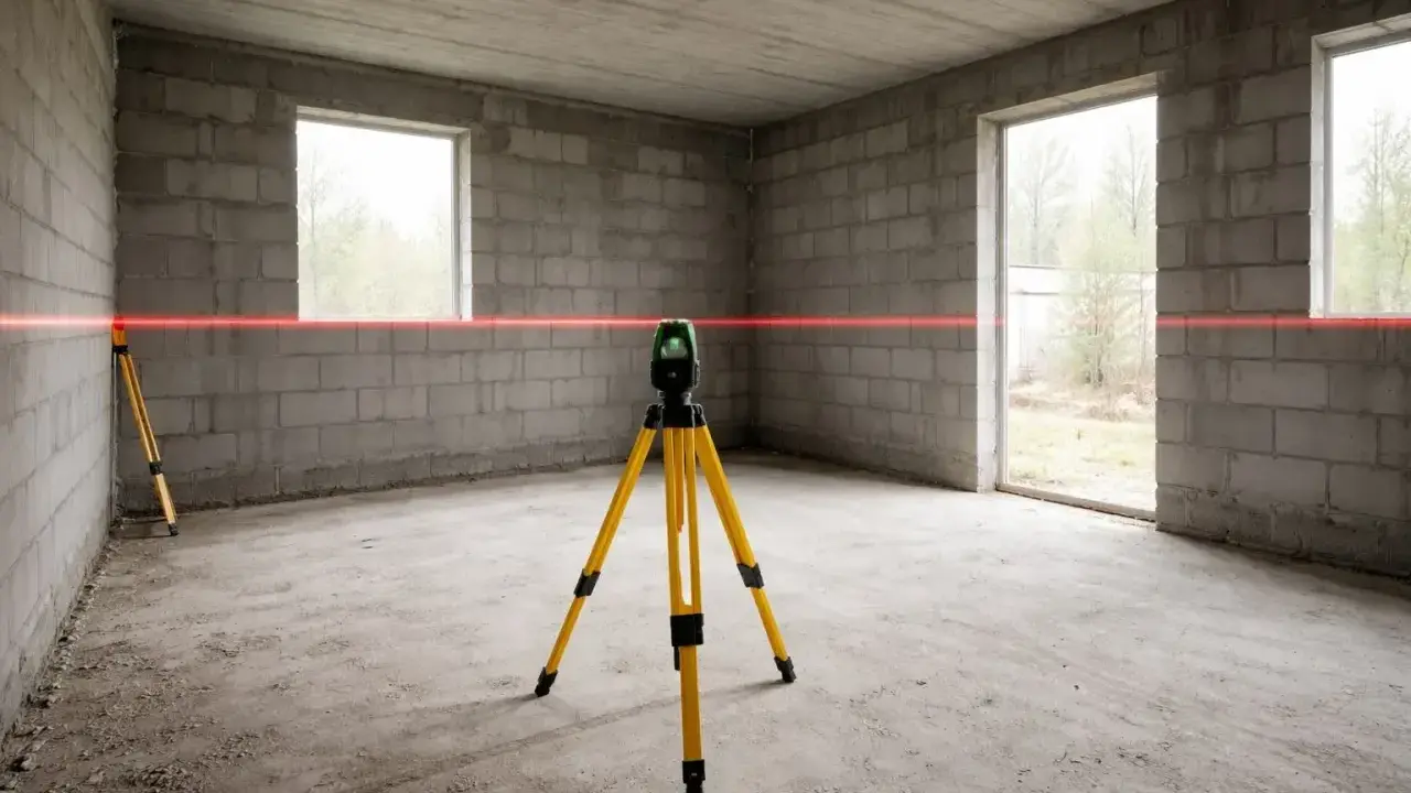 Precyzyjne wyznaczanie linii poziomej za pomocą niwelatora laserowego. Tak właśnie co robi geodeta, by zapewnić idealne wymiary.