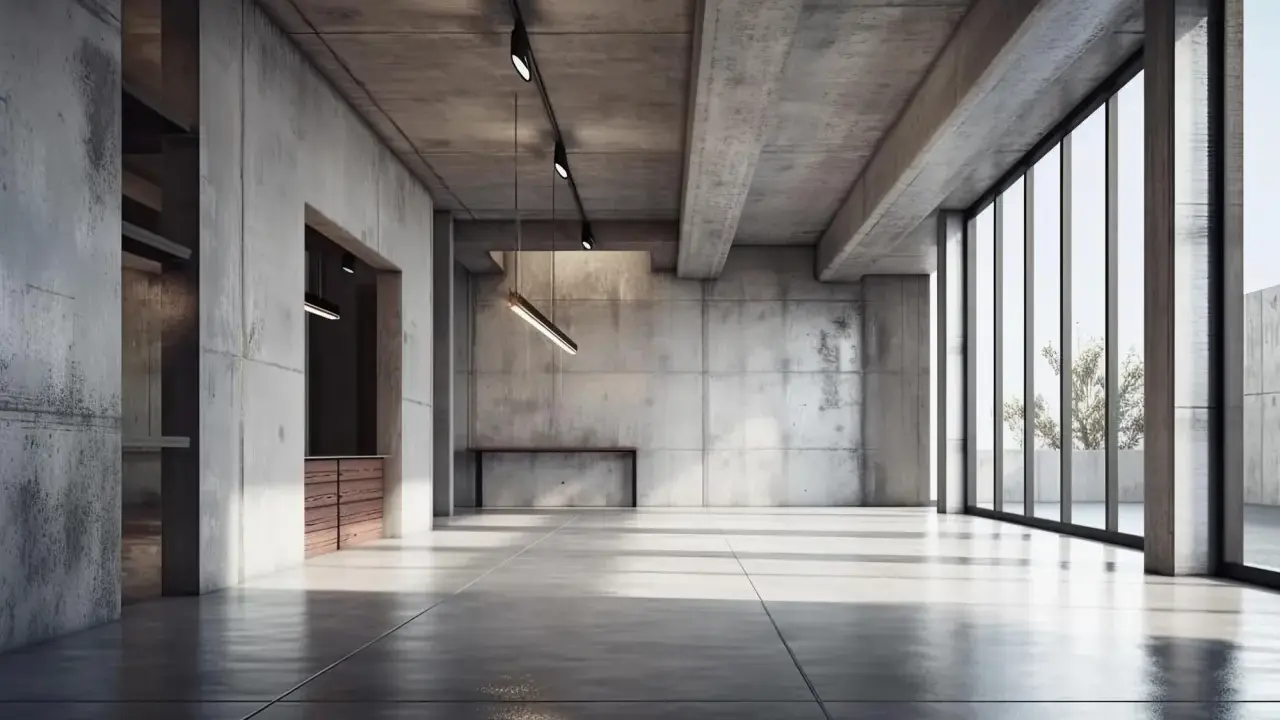 Surowy beton na stropie i ścianach tworzy industrialny klimat. Jasne światło wpada przez wielkie okna.