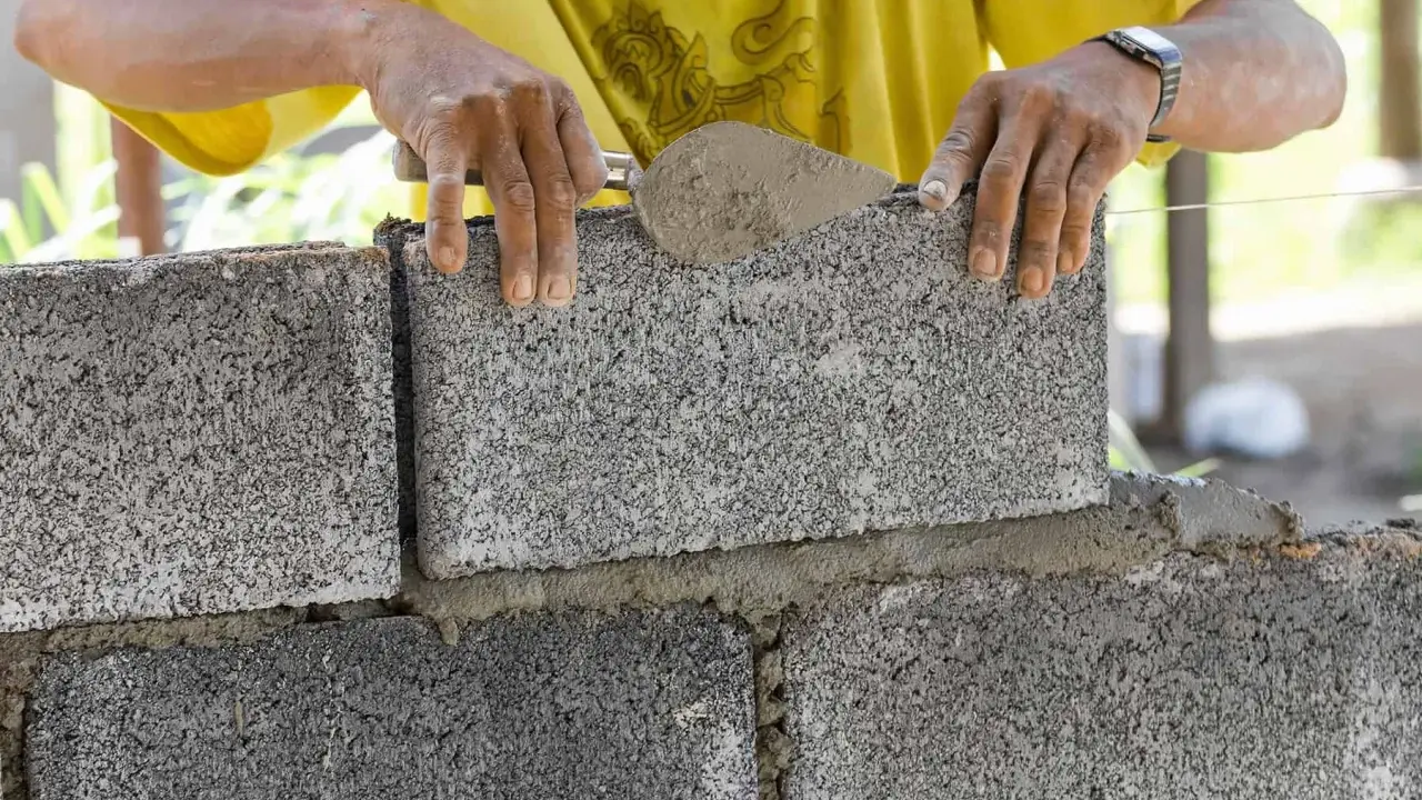 Murarz układa bloczek betonowy, dbając o jego wymiary i równość.