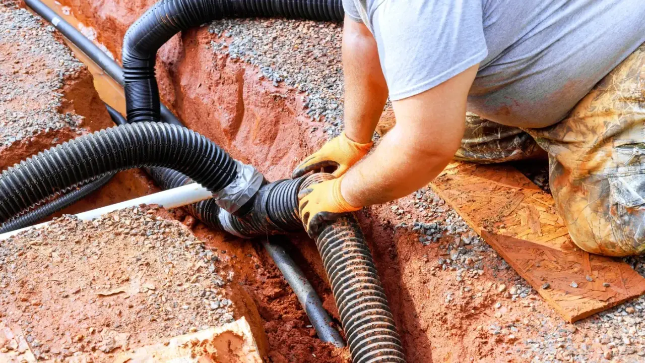 Instalator w pomarańczowych rękawiczkach łączy rury odprowadzające wodę z rynien. Prace zgodne z przepisami.
