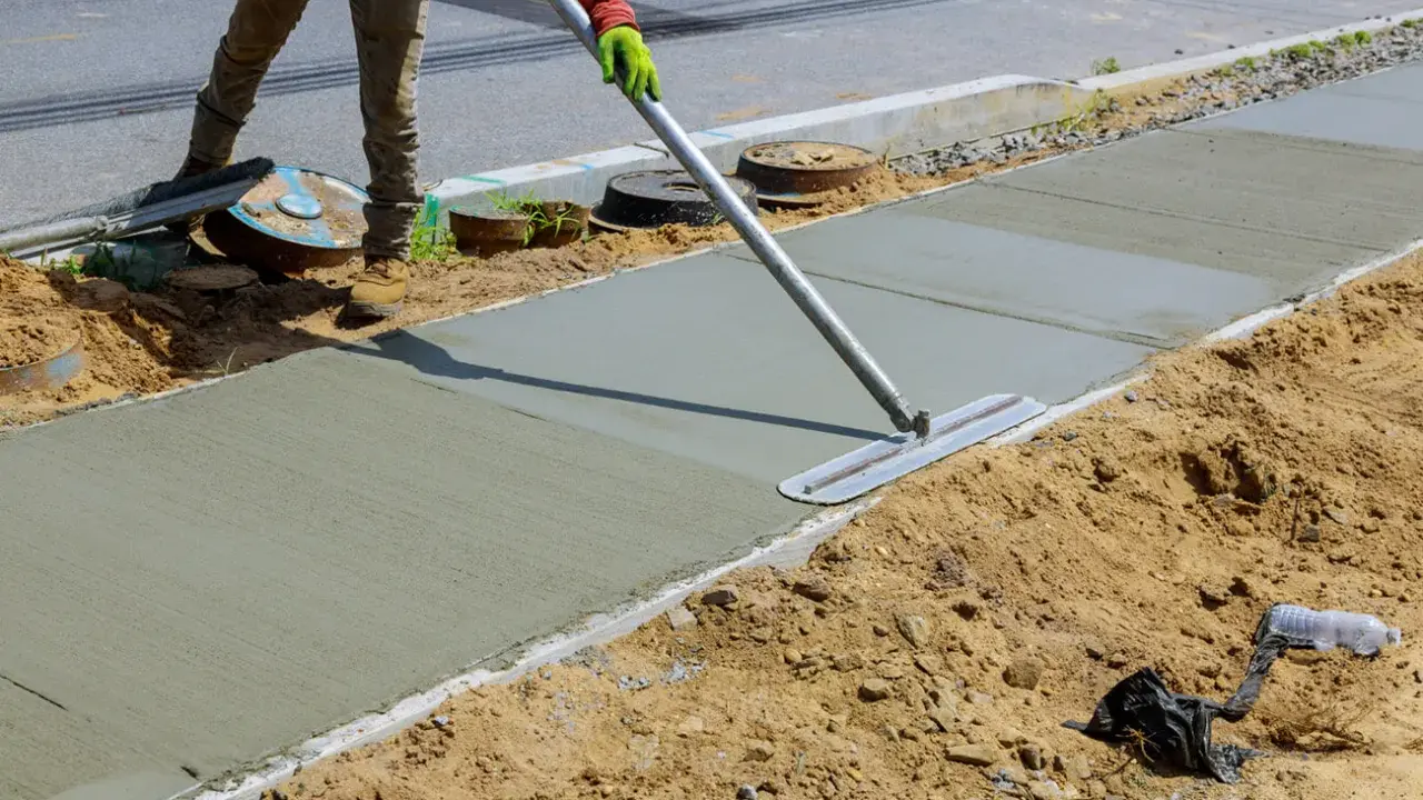 Pracownik wygładza świeży beton na chodniku. Jaki beton na wieniec? Ten budowlany jest idealny do takich prac.