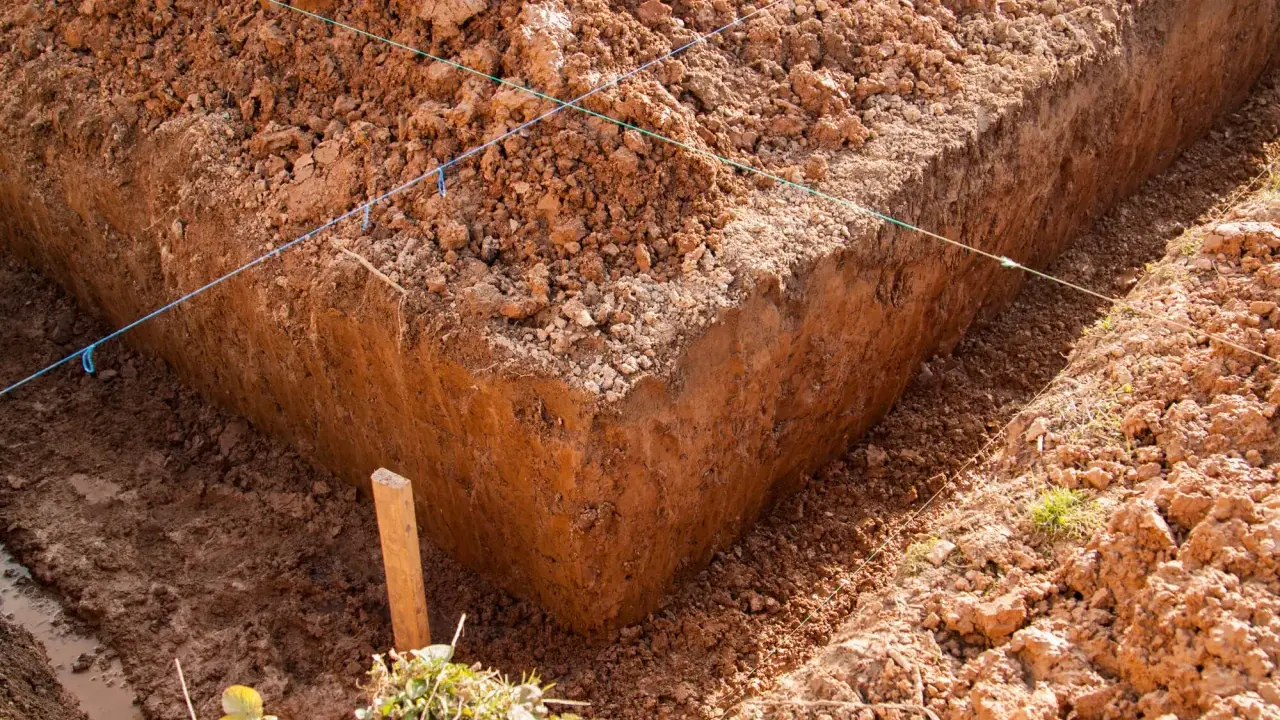 Wyznaczone wykopy pod fundamenty, z widocznymi nićmi wyznaczającymi linie i drewnianym palikiem.