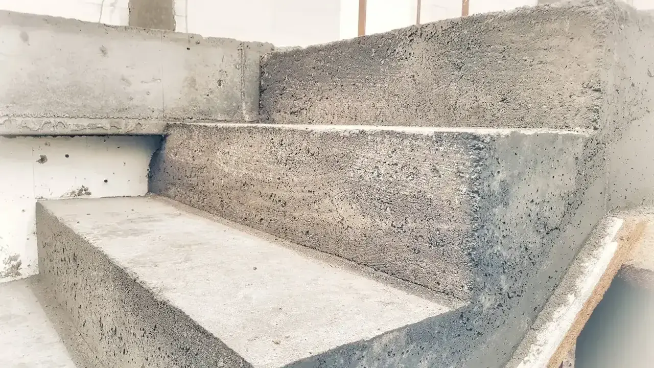 Surowe schody z bloczków betonowych, czekające na wykończenie. Solidna konstrukcja, która posłuży latami.