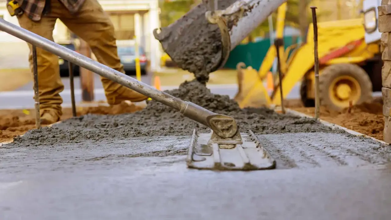 Pracownik wylewa beton, który będzie długo schnął w temperaturze 5 stopni. W tle koparka.