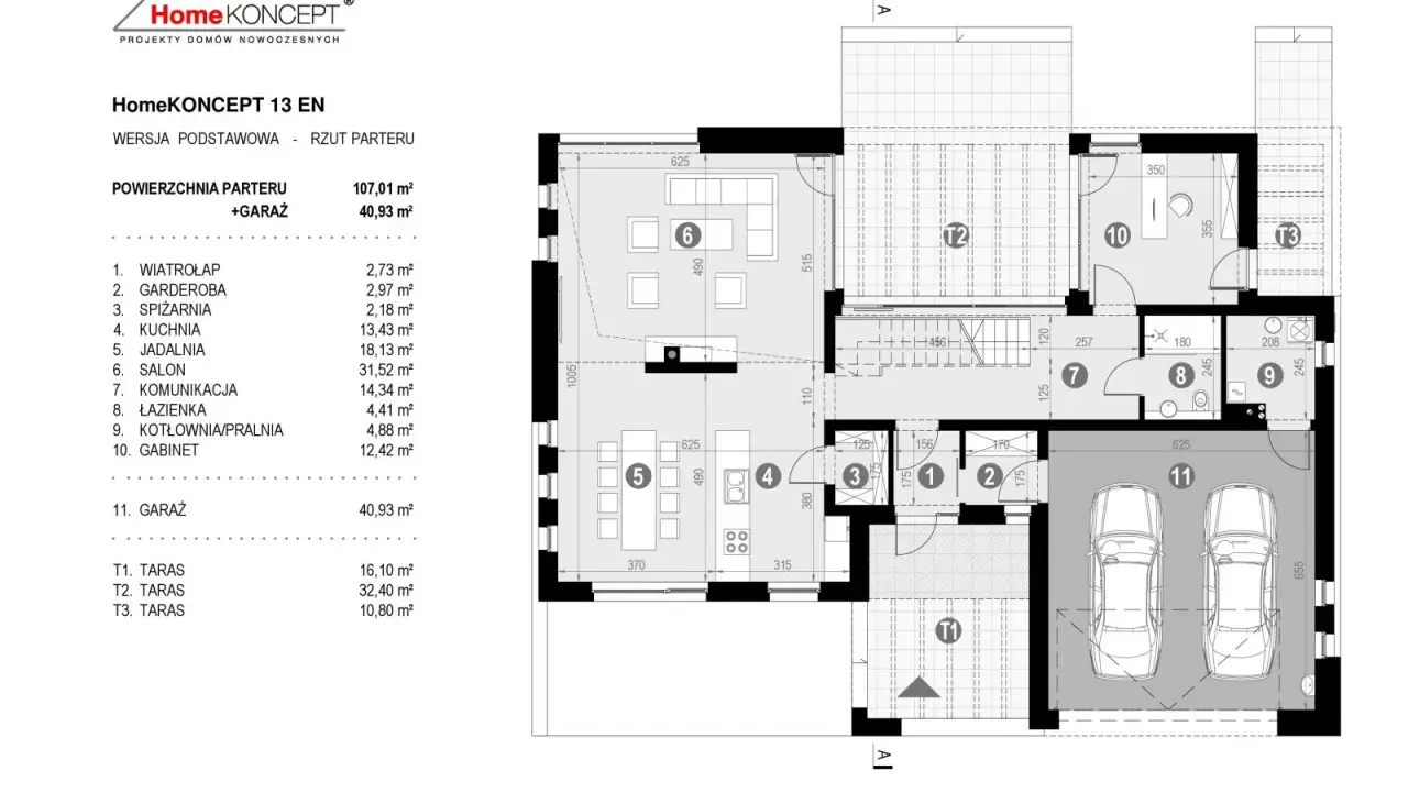 Rzut parteru domu HomeKONCEPT 13 EN. Porównanie powierzchni zabudowy (garaż 40,93 m²) z powierzchnią użytkową poszczególnych pomieszczeń.