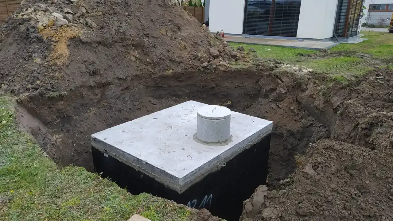 Betonowy zbiornik w wykopie, przygotowany na odpływ z rynny do ziemi.