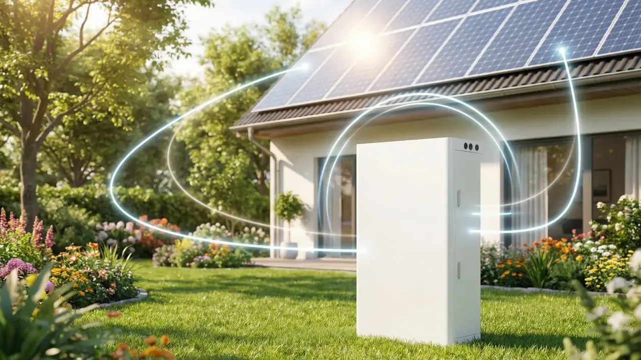 Biały magazyn energii stoi w słonecznym ogrodzie obok domu z panelami słonecznymi. Czy magazyn energii się opłaca? To pytanie o przyszłość domowej energetyki.