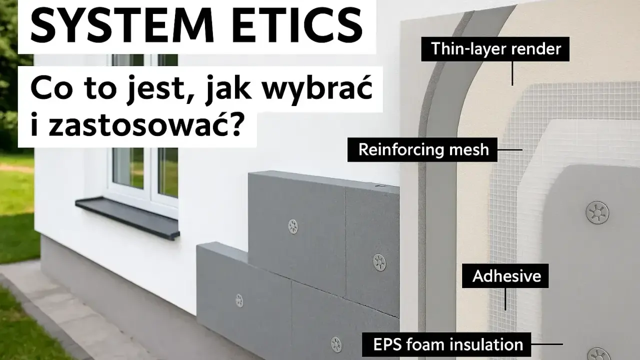 Przekrój ściany z systemem ETICS: styropian, siatka, klej i tynk.