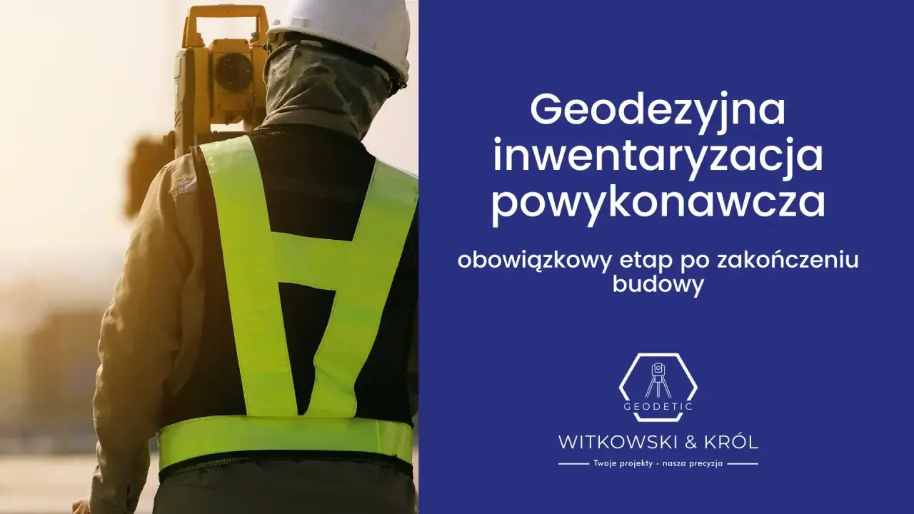 Geodezyjna inwentaryzacja powykonawcza to obowiązkowy etap po zakończeniu budowy. Geodeta z tachimetrem.