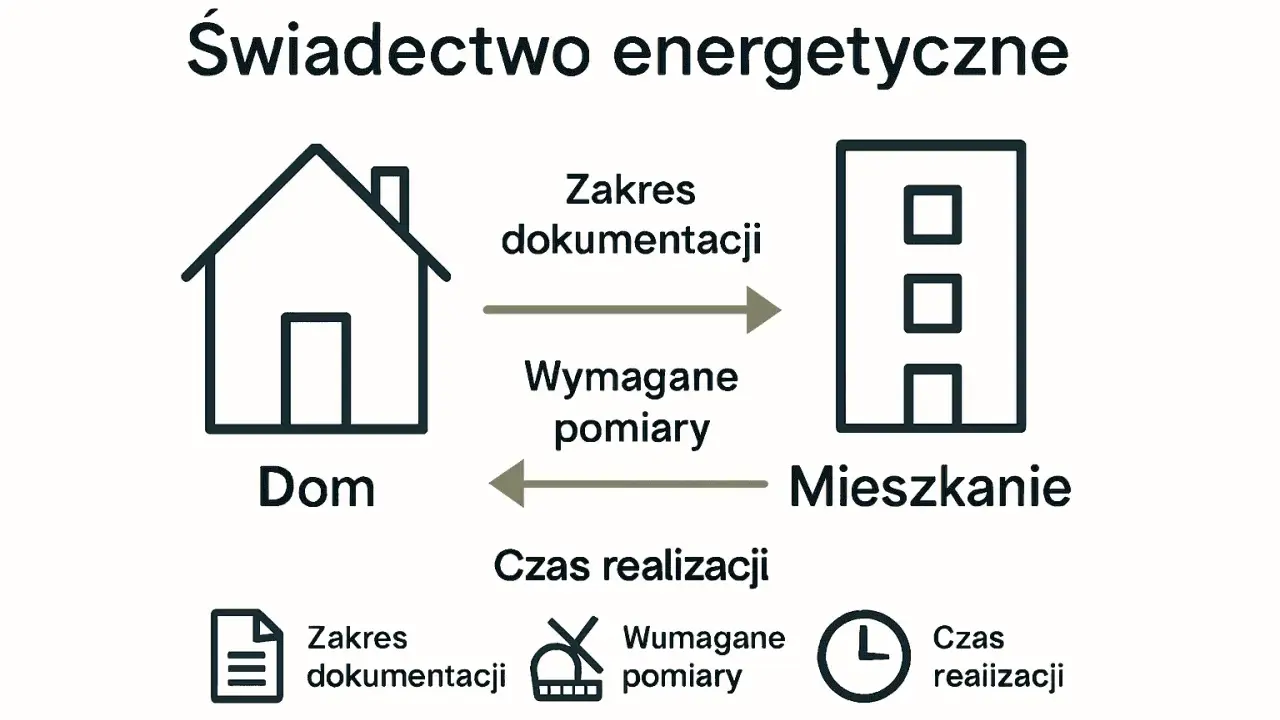 Schemat procesu uzyskania świadectwa charakterystyki energetycznej mieszkania. Pokazuje przepływ dokumentacji i pomiarów między domem a mieszkaniem.