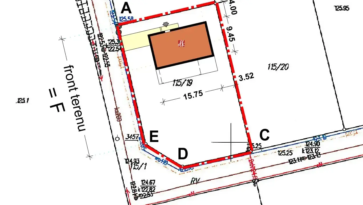 Plan zagospodarowania terenu z zaznaczonym budynkiem. Określa, kto wydaje warunki zabudowy dla działki 115/19.