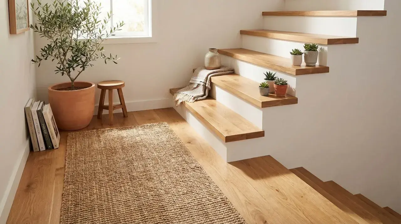 Nowoczesne drewniane schody z roślinami i dywanem.