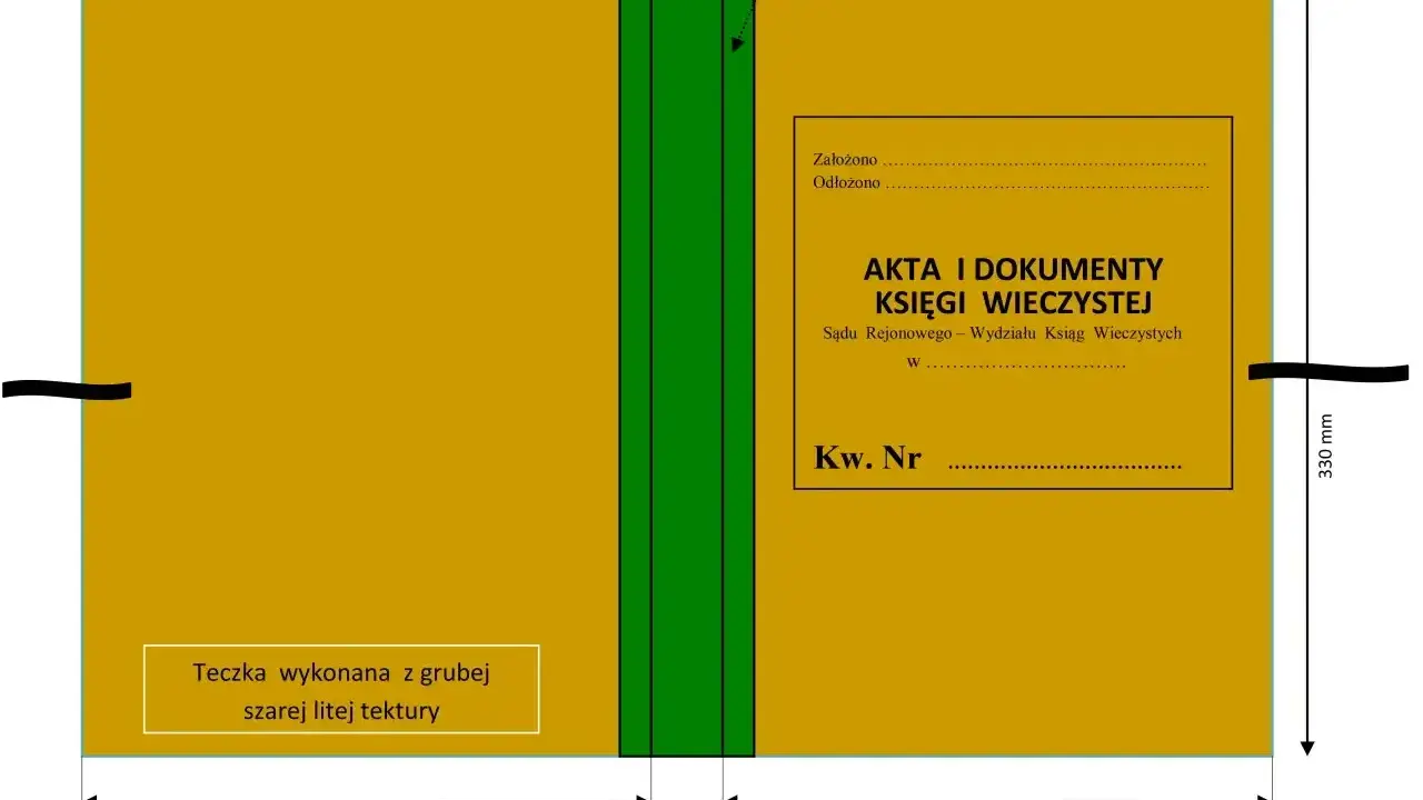 Teczka na akta i dokumenty księgi wieczystej. Wymiary 230x330 mm, grzbiet 35 mm.