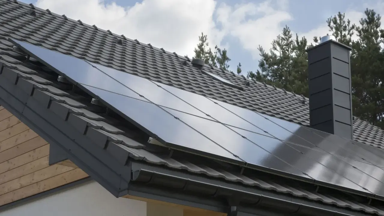 Nowoczesny dach z paneli fotowoltaicznych, szary komin i dachówka. Dom gotowy na zieloną energię.