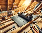 Ręce w rękawiczkach rozwijają papę na dach z desek. W tle skrzynka z napisem "ROOFING FELT" i narzędzia.