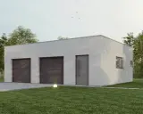 Nowoczesny garaż z płaskim dachem przy domu, z dwoma bramami i drzwiami. Otoczony zielenią, z oświetleniem ogrodowym.