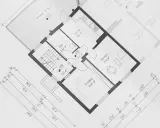 Projekt budynek gospodarczy 35m2: rzut parteru z kuchnią, łazienką, sypialnią, salonem i tarasem. Wymiary pomieszczeń i odległości.