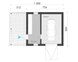 Projekt budynku usługowego: garaż 24,60 m² z miejscem na samochód, pomieszczenie 15,19 m², taras.