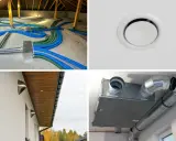 Instalacja wentylacji mechanicznej: przewody w poddaszu, kratka nawiewna, czerpnie ścienne i rekuperator.