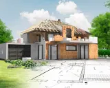 Przed zakupem działki sprawdź jej potencjał budowlany. Wizualizacja domu w przekroju na tle planów architektonicznych.