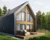 Nowoczesny domek z drewnianymi elementami i dużymi oknami. Czy na działce rolnej można postawić domek do 70m2?