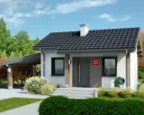 Nowoczesny dom z garażem i pięknym ogrodem. Ciemny dach o nachyleniu 35 stopni chroni przed słońcem.