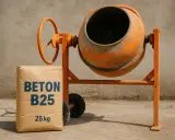 Worek z napisem "BETON B25" i betoniarka. Idealny zestaw, by dowiedzieć się, jak zrobić beton B25.