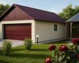 Nowoczesny garaż z częścią mieszkalną, projekt z czerwoną bramą i altaną w ogrodzie.