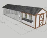 Projekt kurnika na 30 kur: przestronny wybieg z siatki i zadaszony domek z oknami i drzwiami. Wymiary: 25' x 8'4" x 8'5".