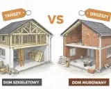 Rysunek porównuje dom szkieletowy drewniany z murowanym. Szkieletowa konstrukcja jest tańsza, murowana droższa.