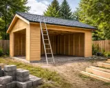 Darmowy projekt garażu drewnianego w budowie. Metalowa drabina oparta o konstrukcję, stosy betonu i drewna w pobliżu.