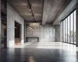 Surowy beton na stropie i ścianach tworzy industrialny klimat. Jasne światło wpada przez wielkie okna.